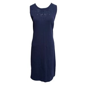 Talbot's Navy Embroidered Cutout Bodice Sleeveless 100% Cotton Knit Dress Large